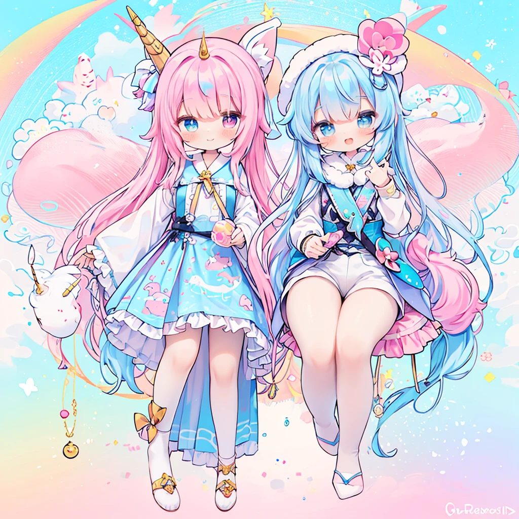 anime girl with long hair and unicorn ears standing in front of a rainbow, Cute Anime, Beautiful fantasy anime, Beautiful Anime art style, Cute pretty girl, TRENDS ON THE ART STATION PIXIV, Cute Anime girl, Cute Animeマンガスタイル, Cute art style, unicorn, Soft anime illustration, Anime fantasy illustration, Beautiful Anime, Beautiful Anime art, Beautiful Anime style, pinterest anime、Pastel Watercolor、✨Star background、smile、Anime girl with pink hair and pink flowers in her hair, whole body、From the side、Jump, unicorn girl、White and pink and purple、pastel colour、Like a dream、fluffy、Little Star、Colorful Hair、White and pink and purpleの髪、High Ponytail、Wavy Hair、Thin Hair、Bright Blue Eyes、Star mark under eye、Sparkling、Beautiful decoration、(ta fashion dress , dream cute dress, pastel blue and white:1.2), (unicorn print in pastel colors:1.5),Dynamic Angle、Action pose、 (Long sleeves with puff sleeves, Lots of frills:1.2),、dream、unicorn、Pop Background、Gradient Background、dream cute、piece、whole body、Cute Shoes、White shorts、Sit cool、cute smile、unicorn、Corners of the forehead、Thick wool gown:0.6