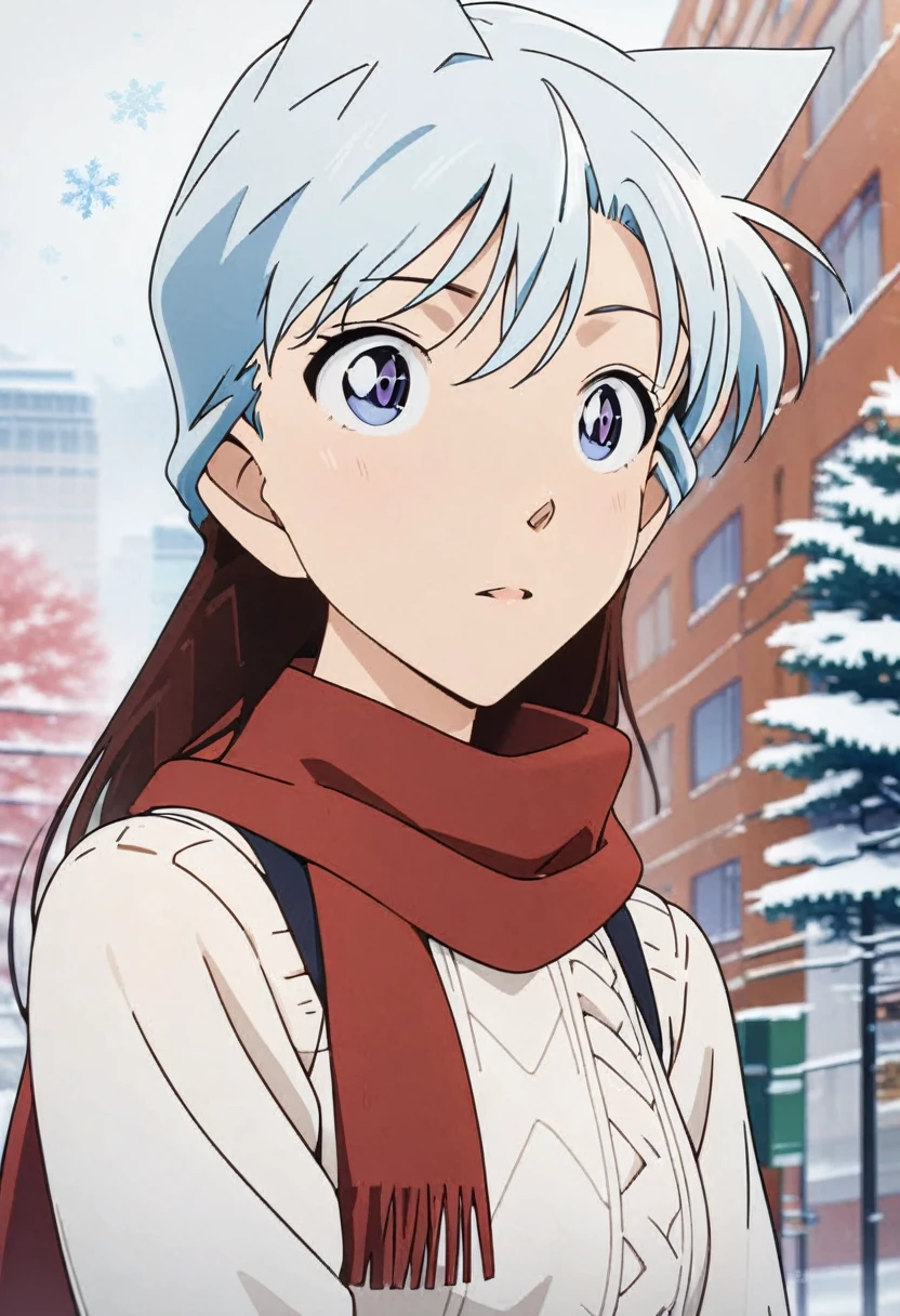 (best quality,4K,8K,high resolution,masterpiece:1.4), Extremely detailed, Delicate face:1.3, White sweater, Red scarf, fashionable, winter, Snowflakes falling, Anime style