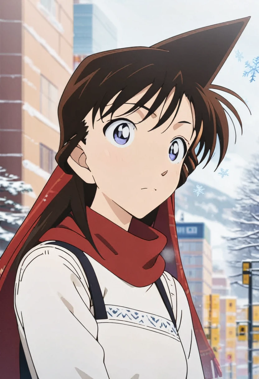 (best quality,4K,8K,high resolution,masterpiece:1.4), Extremely detailed, Delicate face:1.3, White sweater, Red scarf, fashionable, winter, Snowflakes falling, Anime style