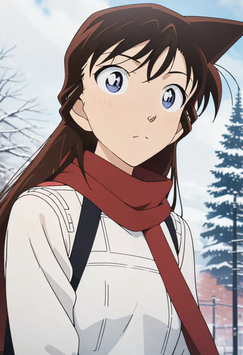 (best quality,4K,8K,high resolution,masterpiece:1.4), Extremely detailed, Delicate face:1.3, White sweater, Red scarf, fashionable, winter, Snowflakes falling, Anime style