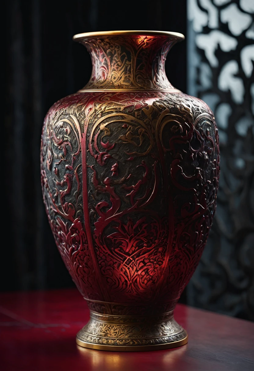 Cinematic close-up of a weathered gold vase with intricate demon engravings, set against a stark minimalist backdrop bathed in deep crimson. Captured with a macro lens, emphasizing oxidation patterns and metallic textures. Dramatic chiaroscuro lighting accentuates the vase's ominous details. Rich, moody color palette dominated by gold and red tones. Rendered in stunning 8K resolution.