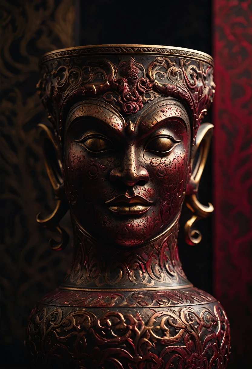 Cinematic close-up of a weathered gold vase with intricate demon engravings, set against a stark minimalist backdrop bathed in deep crimson. Captured with a macro lens, emphasizing oxidation patterns and metallic textures. Dramatic chiaroscuro lighting accentuates the vase's ominous details. Rich, moody color palette dominated by gold and red tones. Rendered in stunning 8K resolution.