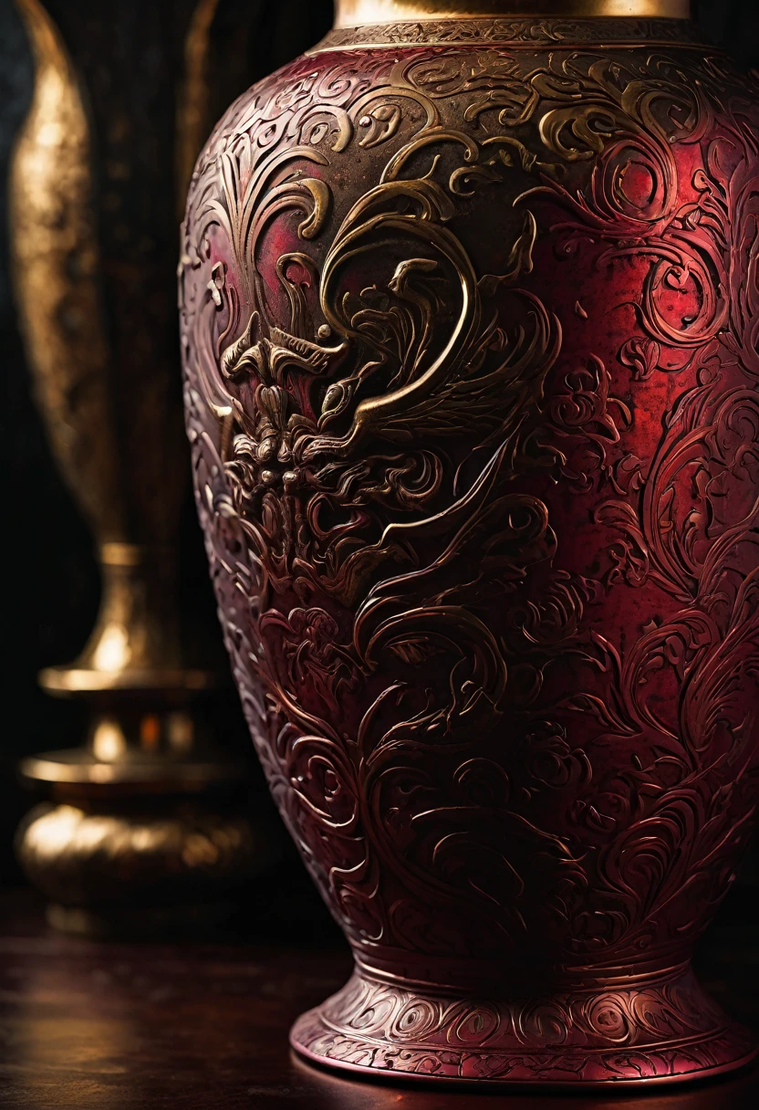 Cinematic close-up of a weathered gold vase with intricate demon engravings, set against a stark minimalist backdrop bathed in deep crimson. Captured with a macro lens, emphasizing oxidation patterns and metallic textures. Dramatic chiaroscuro lighting accentuates the vase's ominous details. Rich, moody color palette dominated by gold and red tones. Rendered in stunning 8K resolution.