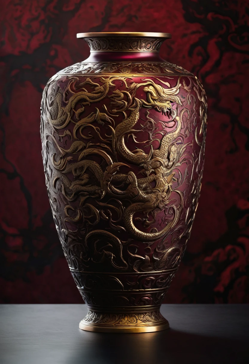 Cinematic close-up of a weathered gold vase with intricate demon engravings, set against a stark minimalist backdrop bathed in deep crimson. Captured with a macro lens, emphasizing oxidation patterns and metallic textures. Dramatic chiaroscuro lighting accentuates the vase's ominous details. Rich, moody color palette dominated by gold and red tones. Rendered in stunning 8K resolution.