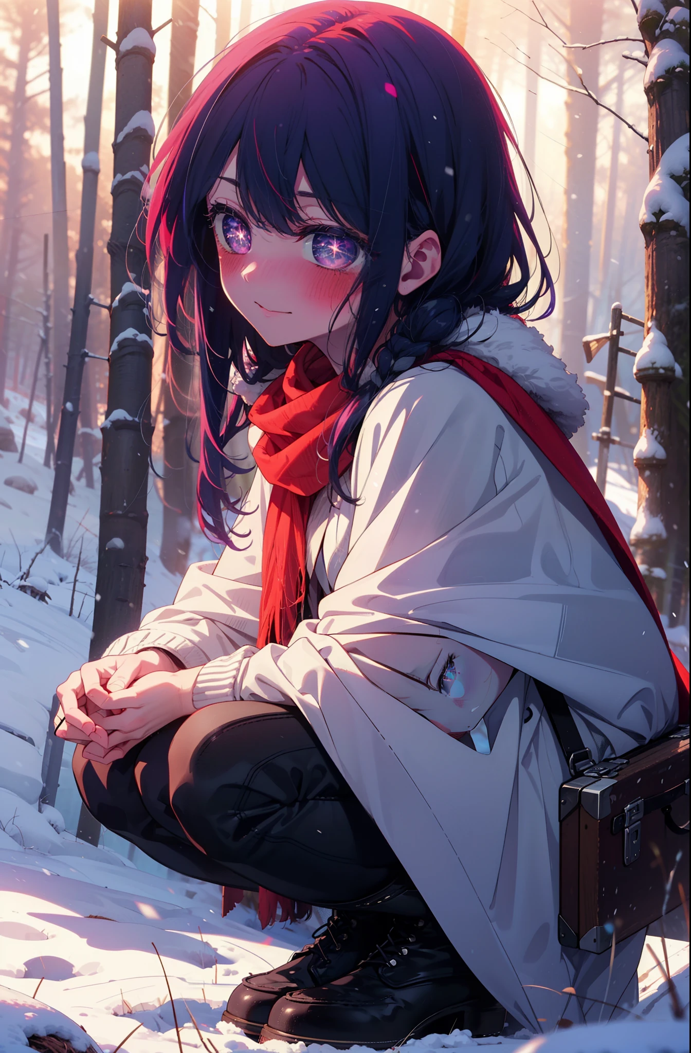 aihoshino, Ai Hoshino, Long Hair, bangs, (Purple eyes:1.1), Purple Hair, (Symbol-shaped pupil:1.5), smile,,smile,blush,White Breath,
Open your mouth,snow,Ground bonfire, Outdoor, boots, snowing, From the side, wood, suitcase, Cape, Blurred, , forest, White handbag, nature, Squat, Mouth closed, Cape, winter, Written boundary depth, Black shoes, red Cape break looking at viewer, Upper Body, whole body, break Outdoor, forest, nature, break (masterpiece:1.2), Highest quality, High resolution, unity 8k wallpaper, (shape:0.8), (Beautiful and beautiful eyes:1.6), Highly detailed face, Perfect lighting, Highly detailed CG, (Perfect hands, Perfect Anatomy),