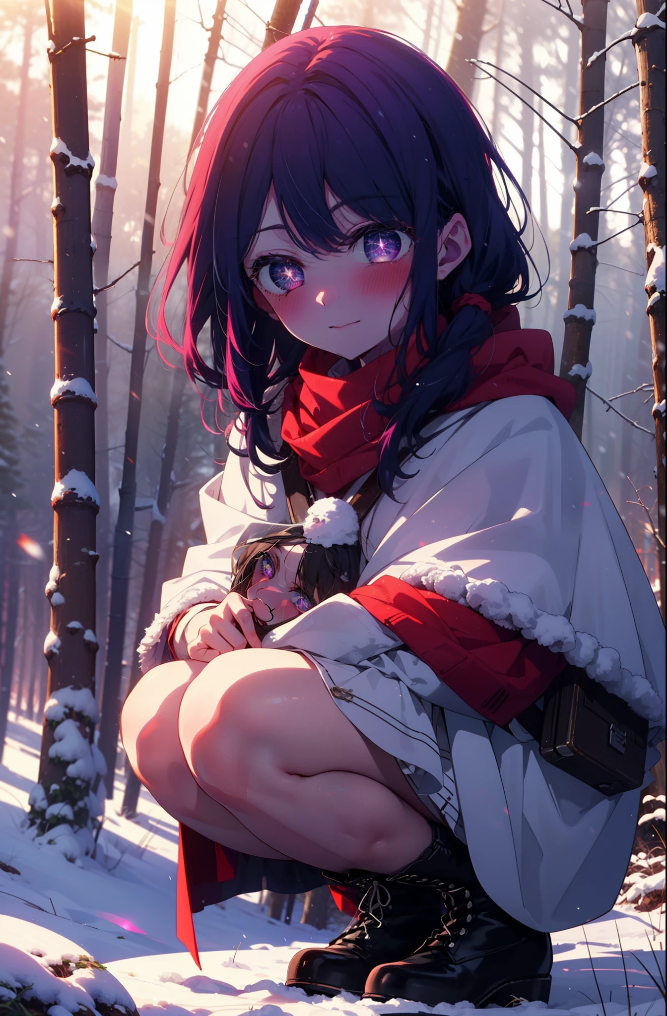 aihoshino, Ai Hoshino, Long Hair, bangs, (Purple eyes:1.1), Purple Hair, (Symbol-shaped pupil:1.5), smile,,smile,blush,White Breath,
Open your mouth,snow,Ground bonfire, Outdoor, boots, snowing, From the side, wood, suitcase, Cape, Blurred, , forest, White handbag, nature,  Squat, Mouth closed, Cape, winter, Written boundary depth, Black shoes, red Cape break looking at viewer, Upper Body, whole body, break Outdoor, forest, nature, break (masterpiece:1.2), Highest quality, High resolution, unity 8k wallpaper, (shape:0.8), (Beautiful and beautiful eyes:1.6), Highly detailed face, Perfect lighting, Highly detailed CG, (Perfect hands, Perfect Anatomy),