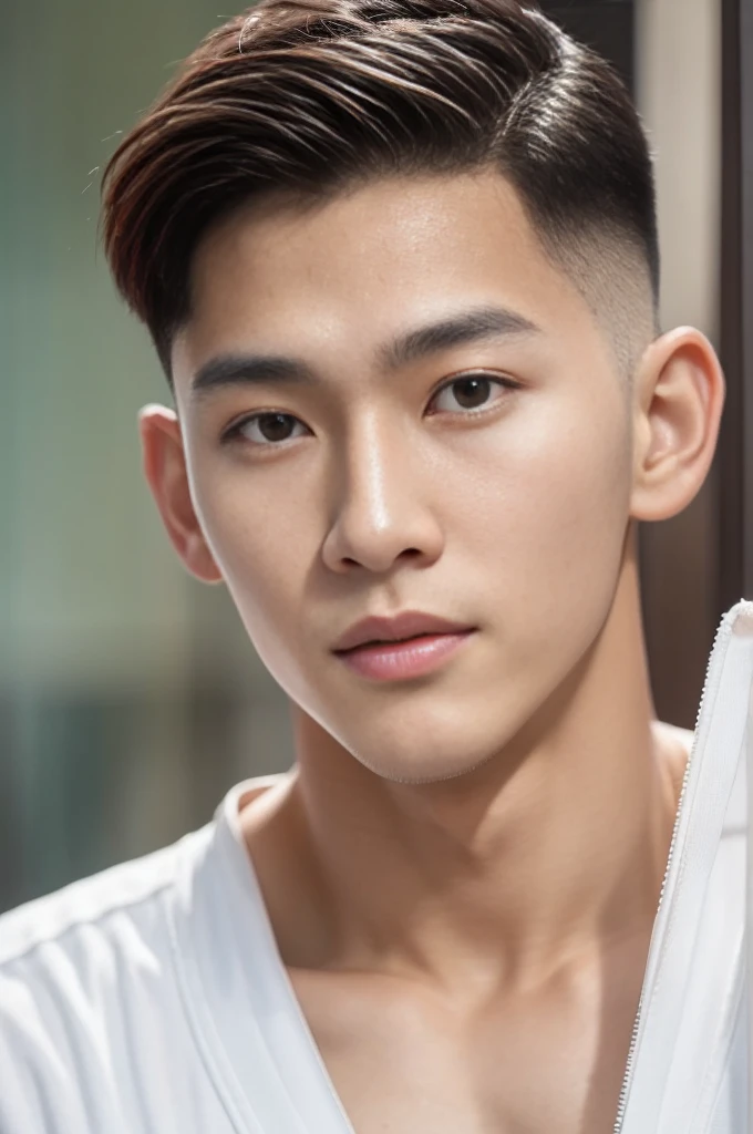 Young Korean man in a white flight suit, close up airplane background, Detailed background, inch details, Take the whole body, Quiv haircut, Look at the camera, Detailed parts of the face, Manly, Active Boy, Freestyle moves, happy expression, perfect anatomy, Symmetrical body, Asia boy 19 years old, Highly detailed, Asia, realistic, human skin, short hairstyle, handsome chad chin, handsome, Be a man, charming, human skin, (Make eye contact), handsome, charming