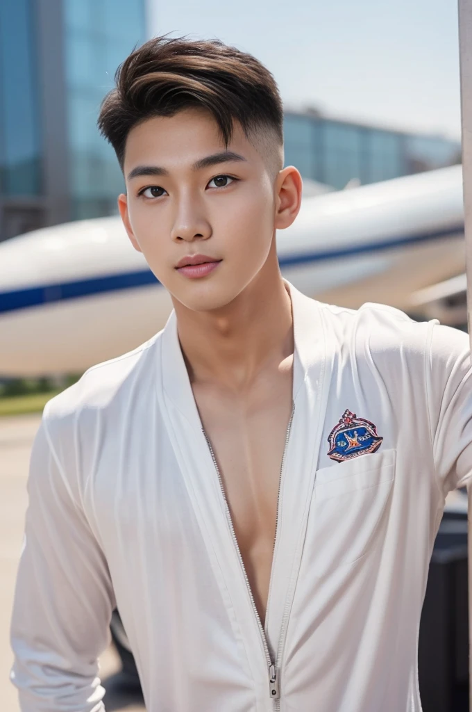 Young Korean man in a white flight suit, close up airplane background, Detailed background, inch details, Take the whole body, Quiv haircut, Look at the camera, Detailed parts of the face, Manly, Active Boy, Freestyle moves, happy expression, perfect anatomy, Symmetrical body, Asia boy 19 years old, Highly detailed, Asia, realistic, human skin, short hairstyle, handsome chad chin, handsome, Be a man, charming, human skin, (Make eye contact), handsome, charming