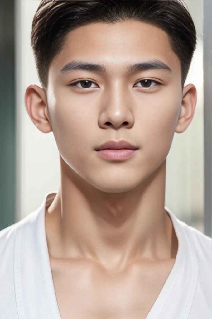 Young Korean man in a white flight suit, close up airplane background, Detailed background, inch details, Take the whole body, Quiv haircut, Look at the camera, Detailed parts of the face, Manly, Active Boy, Freestyle moves, happy expression, perfect anatomy, Symmetrical body, Asia boy 19 years old, Highly detailed, Asia, realistic, human skin, short hairstyle, handsome chad chin, handsome, Be a man, charming, human skin, (Make eye contact), handsome, charming