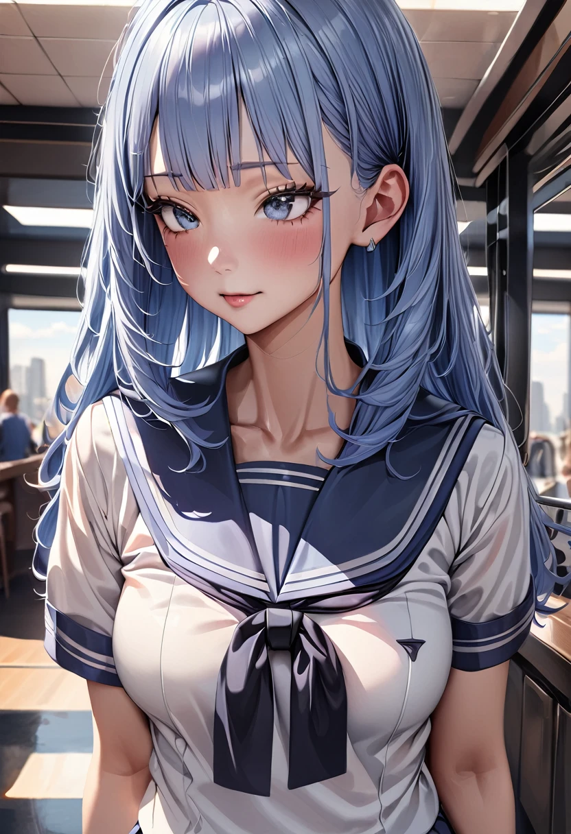 (masterpiece, top quality, very aesthetic, 4k、super detailed), (Photorealistic: 1.37),intricate detail, 1girl,stand、upper body:1.3、
Cute 、blue hair、middle hair,sidelock ,,blue eyes、sailor uniform、medium breasts,Slim 、JK