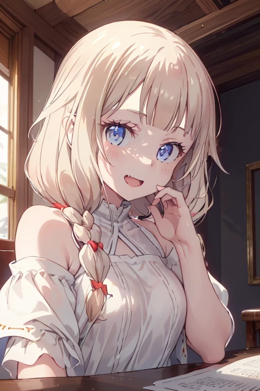 (Masterpiece: 1.2), Best Quality, (Illustration: 1.2), Eye Focus, (Ultra Detailed), Ultra Detail, (Fine Detail), (Intricate Detail), (Cinematic Light, Best Quality Backlight), Clear Lines, Solo Female, Solo Female, Perfect Figure, (1 Girl), High Contrast, (Best Lighting, Extremely Delicate and Beautiful), ((Cinematic Light)), Powerful, Absolutely Striking, Dynamic Angle, Gorgeous Background, cute Teeth, Open Mouth, mischievous smile, close-up, depth of field, close-up of a long-haired character. A cute tongue sticks out of the mouth, long hair, big breasts, short sleeves, dress, bare shoulders, braids, porcelain clothes 
