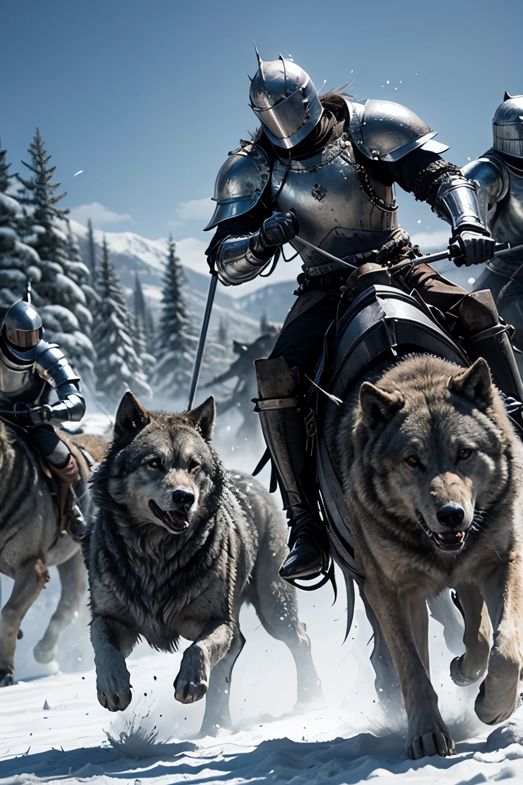 A knight in armor being attacked by a pack of wolves