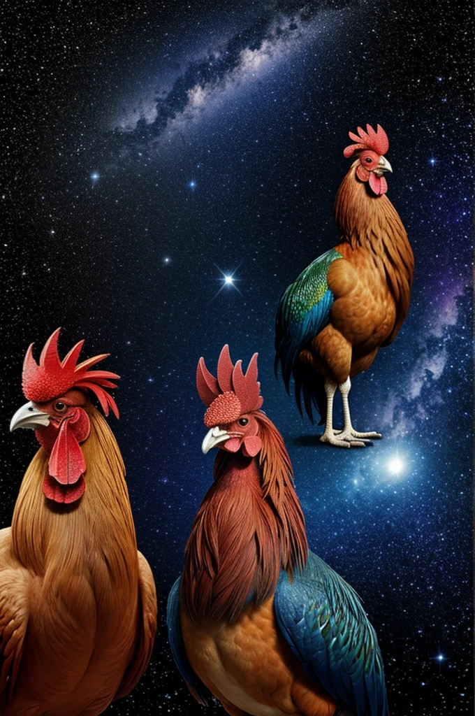 a rooster with a universe background a man on the right side and a woman on the left side 