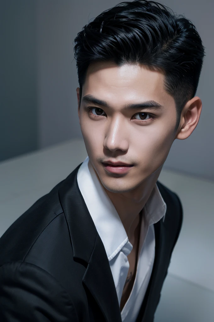 (1 person), Asia, young people (man:1.5), gray eyes, slender eyes, smile, (((เด็กmanผมสั้นมาก:1.3))), under_cut, Pompadour, ((It's official.)), ((handsome, sharp, fierce face)), (Healthy body), (strong physical), in the restaurant, People in the background