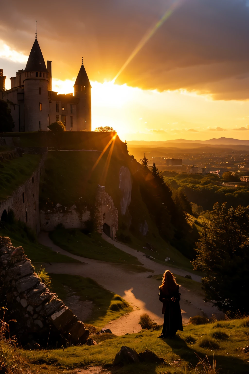 Highest quality A ruined castle with a ray of light shining through it is in the background Demon Aristocrat of Sorrow