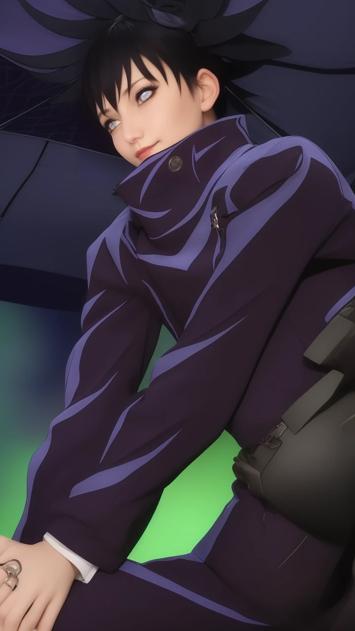 there is a woman with purple hair and a purple umbrella, Beautiful, 1girl, purple hair, brown eye, face detail, pink lips, smiled mouth, cute face, extremely quality, best quality, 32K, 8K, ultra HD, smile, very beautiful, realistic, thin lips, beautiful smile, perfect smile, extremely face detail