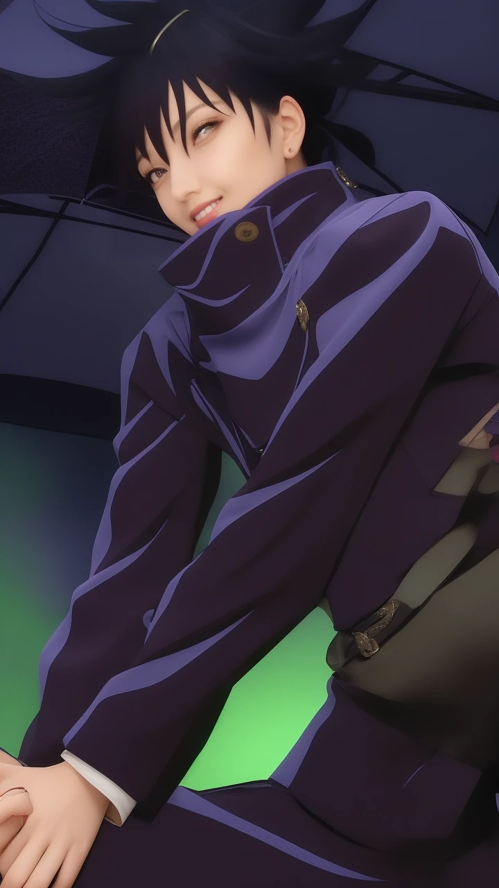 there is a woman with purple hair and a purple umbrella, Beautiful, 1girl, purple hair, brown eye, face detail, pink lips, smiled mouth, cute face, extremely quality, best quality, 32K, 8K, ultra HD, smile, very beautiful, realistic, thin lips, beautiful smile, perfect smile, extremely face detail