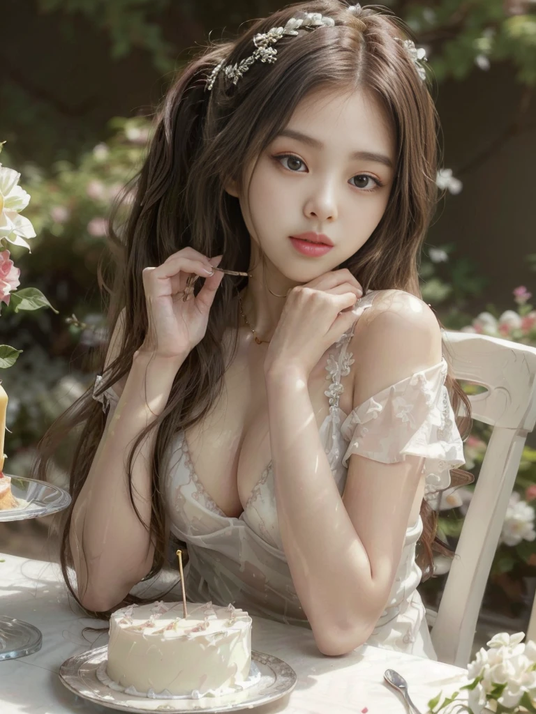 Sexy Kim Jennie with big breasts and transparent plunging neckline sitting at a table with a cake and a spoon in her hand, long hair tied in a ponytail, young and cute girl, a stunning young ethereal figure, cute young girl, ulzzang, Beautiful young, ethereal beauty, a cute young woman, cute young woman, white hime cut hairstyle, korean girl, with long hair and piercing eyes, realistic painting cute girl, beautiful delicate face