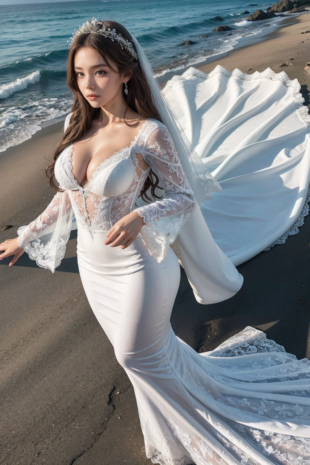 Mermaid Wedding Dresses, Long Puff Sleeve Sexy Lace Beach Bride Dress