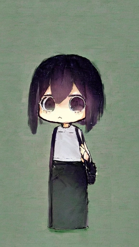 A girl, short black hair, dark eyes, wearing white shirt, a long green pencil skirt, a pink backpack, clear forehead, small, chibi, big eyes, cute