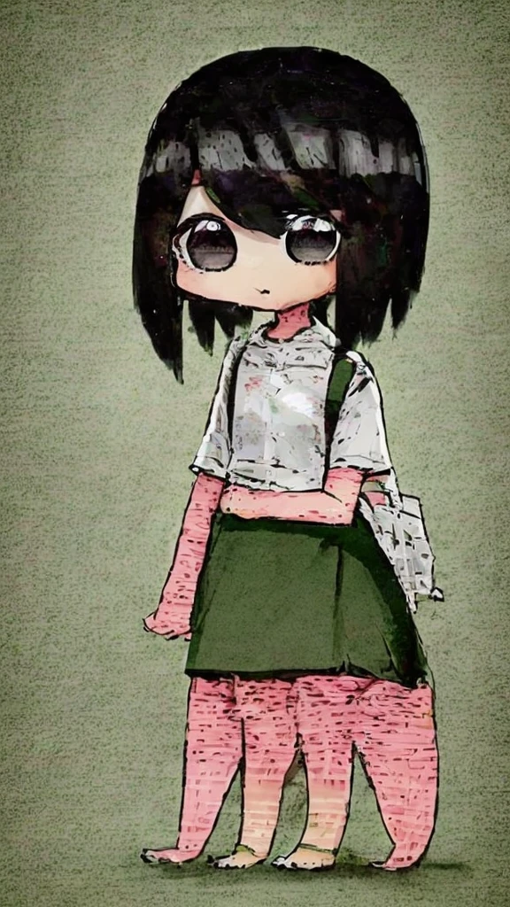 A girl, short black hair, dark eyes, wearing white shirt, a long green pencil skirt, a pink backpack, clear forehead, small, chibi, big eyes, cute