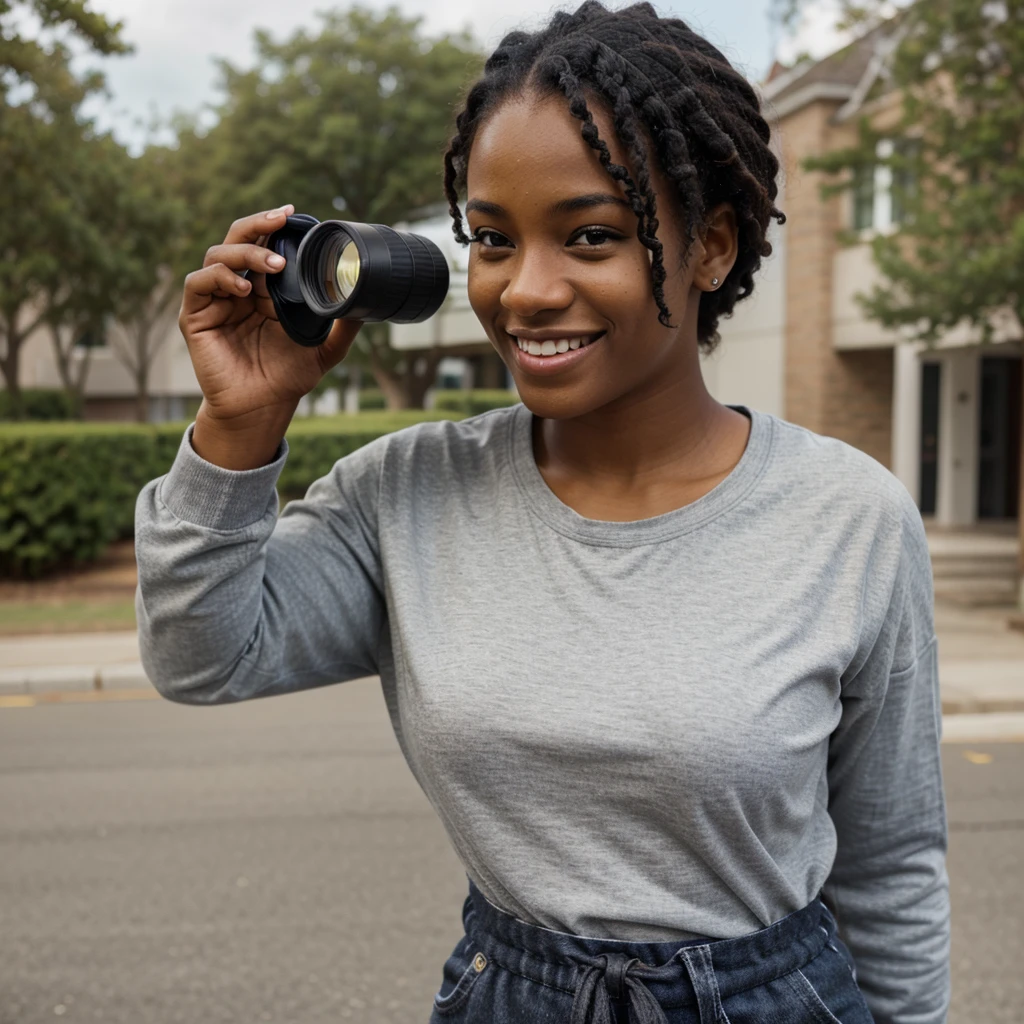A detailed front view image of a young Black person, smiling, looking through binoculars, casual clothing, high-resolution, photorealistic, background: 100% white