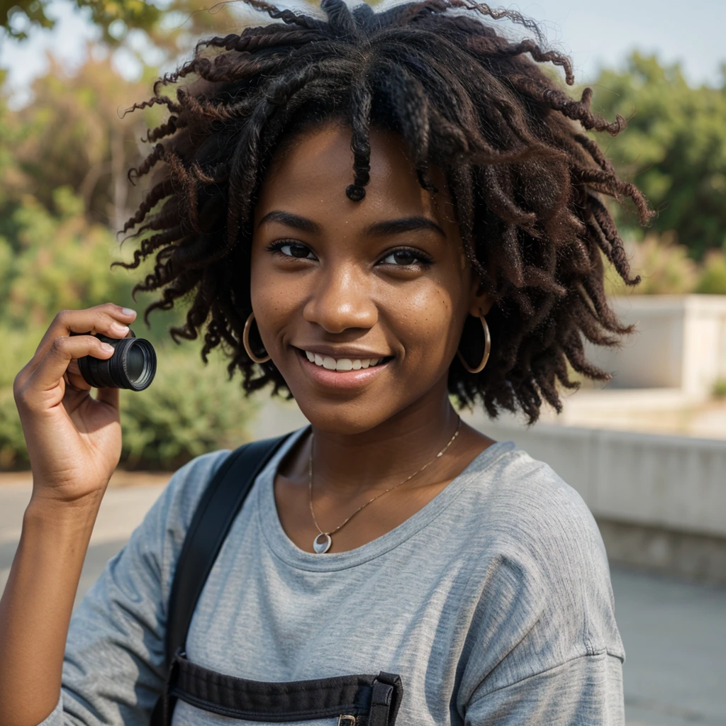 A detailed front view image of a young Black person, smiling, looking through binoculars, casual clothing, high-resolution, photorealistic, background: 100% white