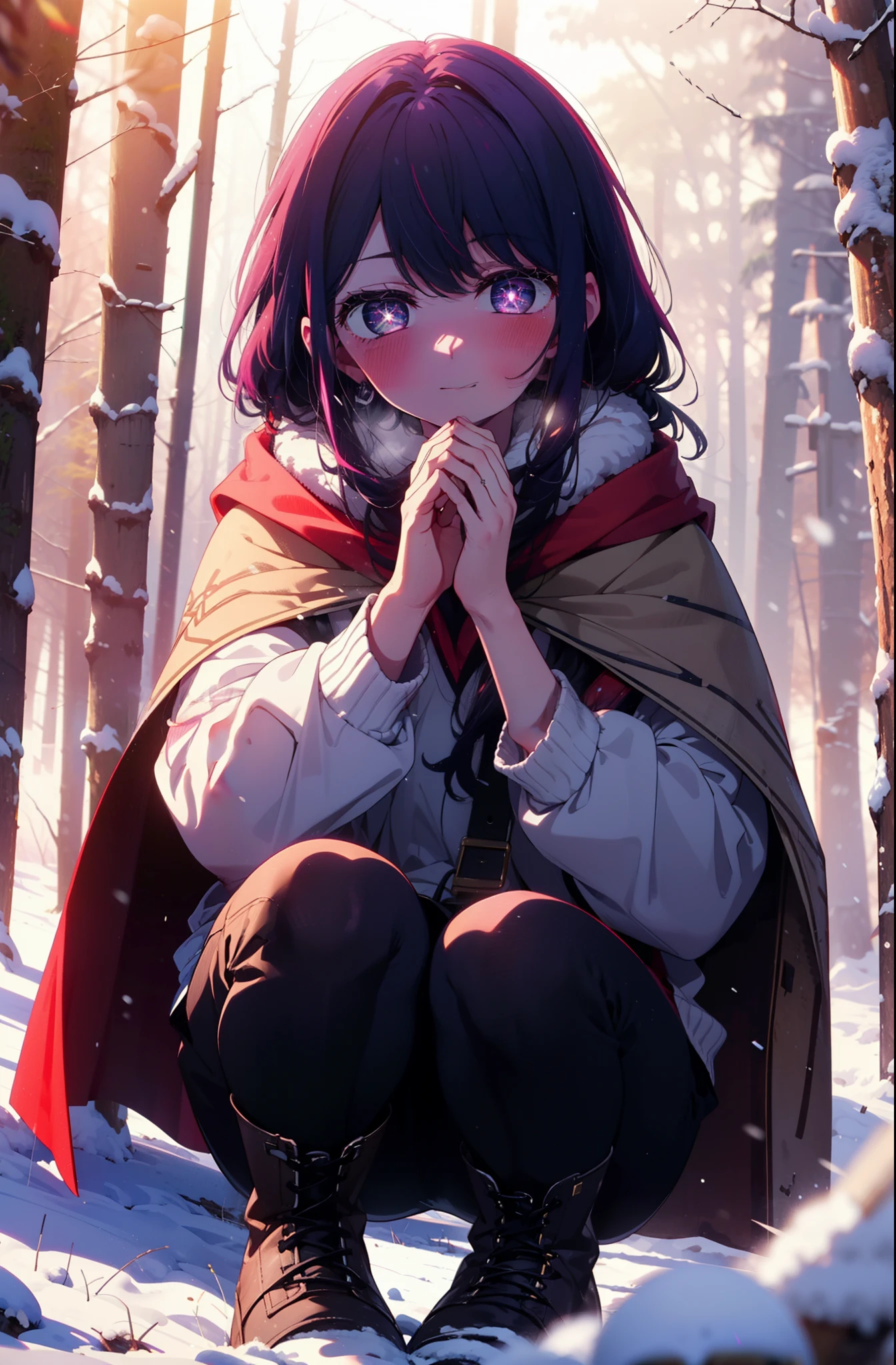 aihoshino, Ai Hoshino, Long Hair, bangs, (Purple eyes:1.1), Purple Hair, (Symbol-shaped pupil:1.5), smile,,smile,blush,White Breath,
Open your mouth,snow,Ground bonfire, Outdoor, boots, snowing, From the side, wood, suitcase, Cape, Blurred, , forest, White handbag, nature, Squat, Mouth closed, Cape, winter, Written boundary depth, Black shoes, red Cape break looking at viewer, Upper Body, whole body, break Outdoor, forest, nature, break (masterpiece:1.2), Highest quality, High resolution, unity 8k wallpaper, (shape:0.8), (Beautiful and beautiful eyes:1.6), Highly detailed face, Perfect lighting, Highly detailed CG, (Perfect hands, Perfect Anatomy),