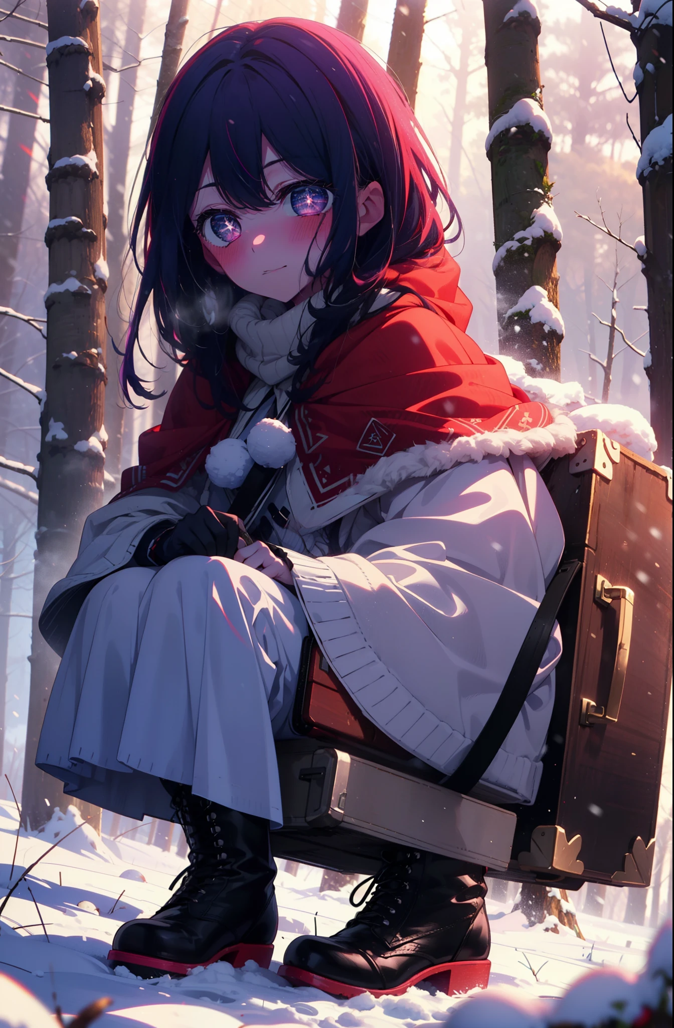 aihoshino, Ai Hoshino, Long Hair, bangs, (Purple eyes:1.1), Purple Hair, (Symbol-shaped pupil:1.5), smile,,smile,blush,White Breath,
Open your mouth,snow,Ground bonfire, Outdoor, boots, snowing, From the side, wood, suitcase, Cape, Blurred, , forest, White handbag, nature,  Squat, Mouth closed, Cape, winter, Written boundary depth, Black shoes, red Cape break looking at viewer, Upper Body, whole body, break Outdoor, forest, nature, break (masterpiece:1.2), Highest quality, High resolution, unity 8k wallpaper, (shape:0.8), (Beautiful and beautiful eyes:1.6), Highly detailed face, Perfect lighting, Highly detailed CG, (Perfect hands, Perfect Anatomy),