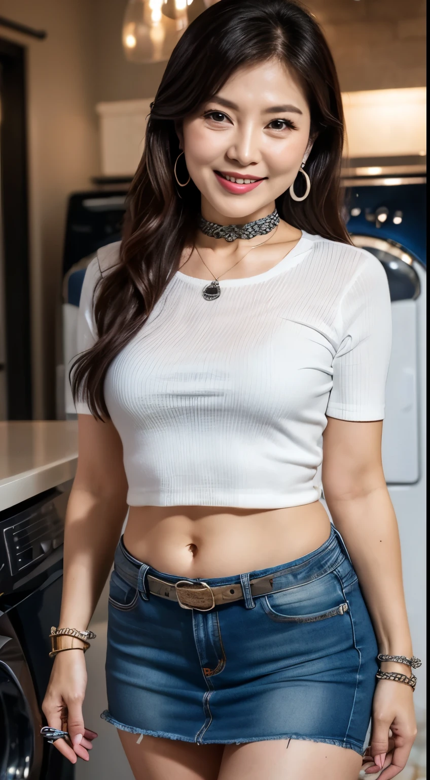 Denim mini skirt 75 years old mom milf Korean, Lady large earring Big choker navel piercing decoration A bracelet Silver Hair realisitic Gorgeous Madame Beautiful Mature Woman sexly Smile Gentle woman navel piercing 4K High quality laundry room Hanger Laundry dry Drying belt
