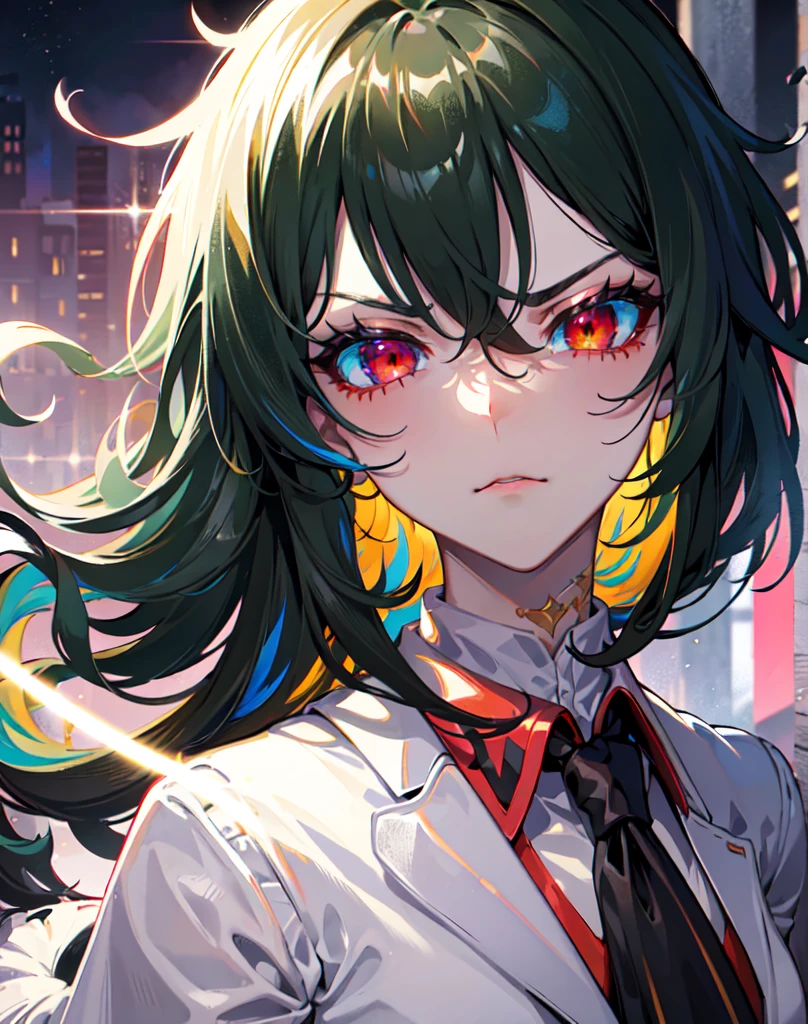 {{masterpiece}}, best quality, extremely detailed CG unity 8k wallpaper, cinematic lighting, lens flare, beautiful detail eyes, red eyes, black, side glance, multicolor hair, colorful light, particles, heterochromia, (colorful:1.5), (dark green hair, handsome short hair, perm hair), white Blouse , white short pants, long boots ,trench coat ,red tie, strong facial expression,(sharp eye:1.2),(scowl:1.1), (stare at viewer with stern eyes:1.5) ,