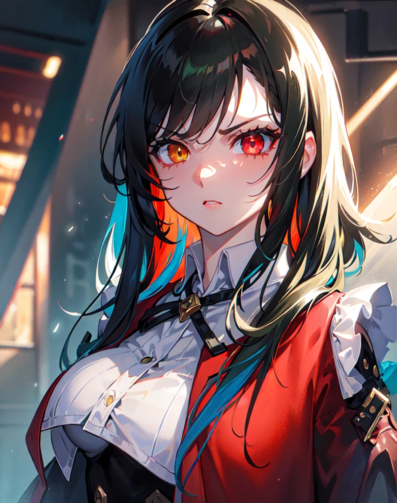 {{masterpiece}}, best quality, extremely detailed CG unity 8k wallpaper, cinematic lighting, lens flare, beautiful detail eyes, red eyes, black,  side glance,  multicolor hair, colorful light, particles, heterochromia, (colorful:1.5), (dark green hair, handsome short hair, perm hair), white Blouse , white short pants, long boots ,trench coat ,red tie, strong facial expression,(sharp eye:1.2),(scowl:1.1), (stare at viewer with stern eyes:1.5) ,