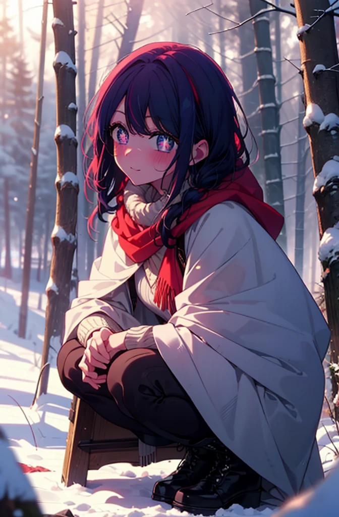 aihoshino, Ai Hoshino, Long Hair, bangs, (Purple eyes:1.1), Purple Hair, (Symbol-shaped pupil:1.5), smile,,smile,blush,White Breath,
Open your mouth,snow,Ground bonfire, Outdoor, boots, snowing, From the side, wood, suitcase, Cape, Blurred, , forest, White handbag, nature, Squat, Mouth closed, Cape, winter, Written boundary depth, Black shoes, red Cape break looking at viewer, Upper Body, whole body, break Outdoor, forest, nature, break (masterpiece:1.2), Highest quality, High resolution, unity 8k wallpaper, (shape:0.8), (Beautiful and beautiful eyes:1.6), Highly detailed face, Perfect lighting, Highly detailed CG, (Perfect hands, Perfect Anatomy),