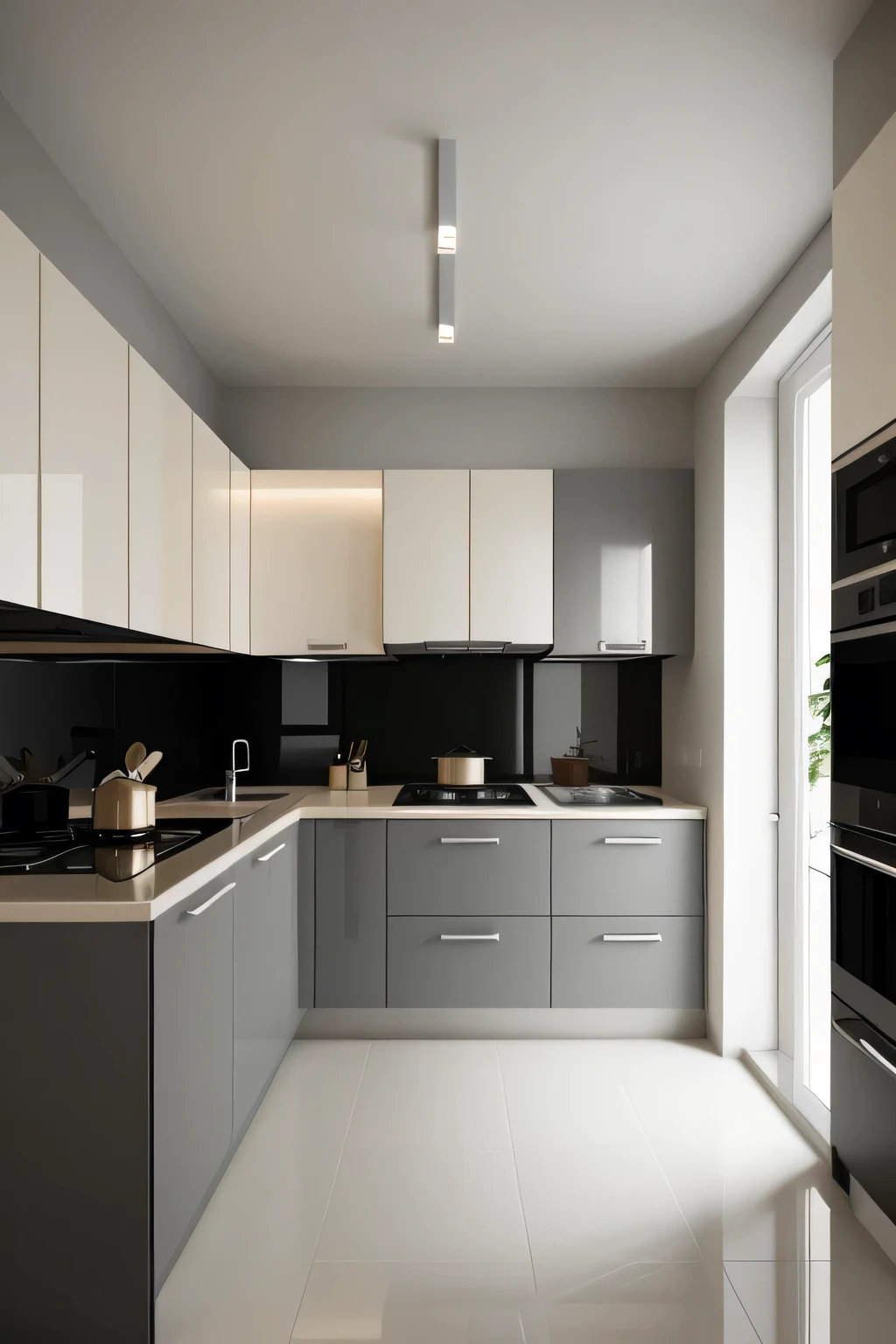 Professional 3d architecture rendering design of modern and minimal kitchen with light mink gray color and thunder gray color and light cream color and black color and Nescafé color