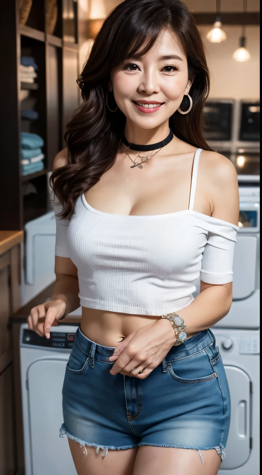 Denim shorts 75 years old mom milf Korean, Lady large earring Big choker navel piercing decoration A bracelet Silver Hair realisitic Gorgeous Madame Beautiful Mature Woman sexly Smile Gentle woman navel piercing 4K High quality laundry room Hanger Laundry dry Drying Distressed jeans