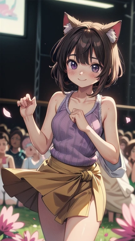 ((masterpiece)), ((Highest quality)), (anime:1.4), (Super detailed:1.2), (High resolution:1.3), (Professional photography:1.3), (Wide Shot), (Sharp focus), (Perfect light), ((12 years old)), One girl, Cinema Lighting, Textured skin, (Cat ear), Light brown hair, Messy medium length hair, Cute beautiful teenage girl, (Healthy slim body), (Knitted fabric tank top:1.3), Very good, (Exposed neck), Slender body, Small breasts, ((Two-tone hair)), (Loose bangs), (Shaggy Hair), ((Wearing a long sarong skirt)), (Long eyelashes), Mischievous Smile, blush, (Purple unfocused eyes), Beautiful clavicle, (A little exposed cute thighs), break, ((Highest quality)), (Super detailed), ((pinching the skirt with your hands)), (Beautiful colorful flower field), Dancing Petals,