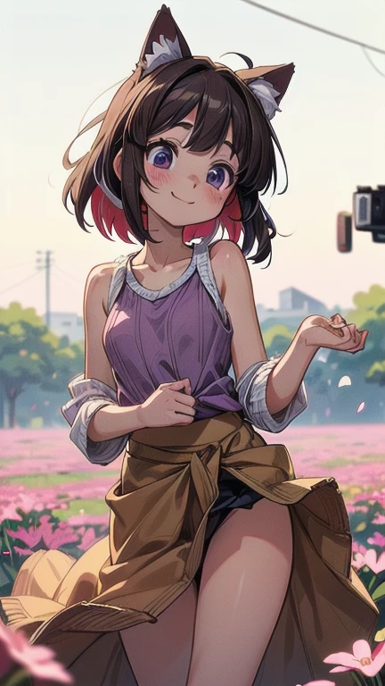 ((masterpiece)), ((Highest quality)), (anime:1.4), (Super detailed:1.2), (High resolution:1.3), (Professional photography:1.3), (Wide Shot), (Sharp focus), (Perfect light), ((12 years old)), One girl, Cinema Lighting, Textured skin, (Cat ear), Light brown hair, Messy medium length hair, Cute beautiful teenage girl, (Healthy slim body), (Knitted fabric tank top:1.3), Very good, (Exposed neck), Slender body, Small breasts, ((Two-tone hair)), (Loose bangs), (Shaggy Hair), ((Wearing a long sarong skirt)), (Long eyelashes), Mischievous Smile, blush, (Purple unfocused eyes), Beautiful clavicle, (A little exposed cute thighs), break, ((Highest quality)), (Super detailed), ((pinching the skirt with your hands)), (Beautiful colorful flower field), Dancing Petals,