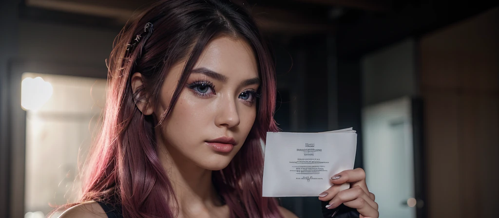 8k, realistic, ultra quality, beatiful girl, Stern anime girl, asian, no background, (Highest Quality, Amazing Details:1.25), cinematic lighting, unique, whole body in picture, black gloves, high-quality, very long hair, hair intakes, makeup, lipstick, eyelashes, ultra detailed eyes, ultra detailed face, ultra detailed lips, ultra detailed lipstick, ultra detailed makeup, 18 years girl, blue eyes, pink hair, masterpiece, 8k, holding a paper written "Pookkook", landscape dimension,