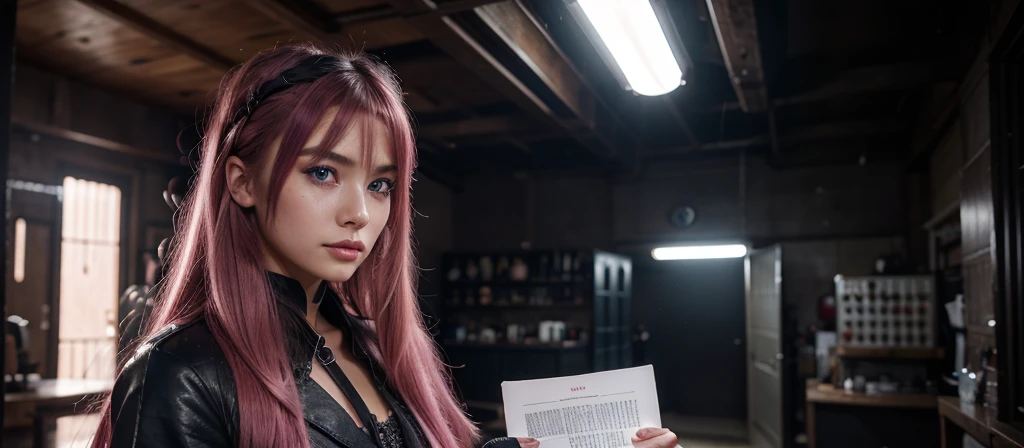 8k, realistic, ultra quality, beatiful girl, Stern anime girl, asian, no background, (Highest Quality, Amazing Details:1.25), cinematic lighting, unique, whole body in picture, black gloves, high-quality, very long hair, hair intakes, makeup, lipstick, eyelashes, ultra detailed eyes, ultra detailed face, ultra detailed lips, ultra detailed lipstick, ultra detailed makeup, 18 years girl, blue eyes, pink hair, masterpiece, 8k, holding a paper written "Pookkook", landscape dimension,