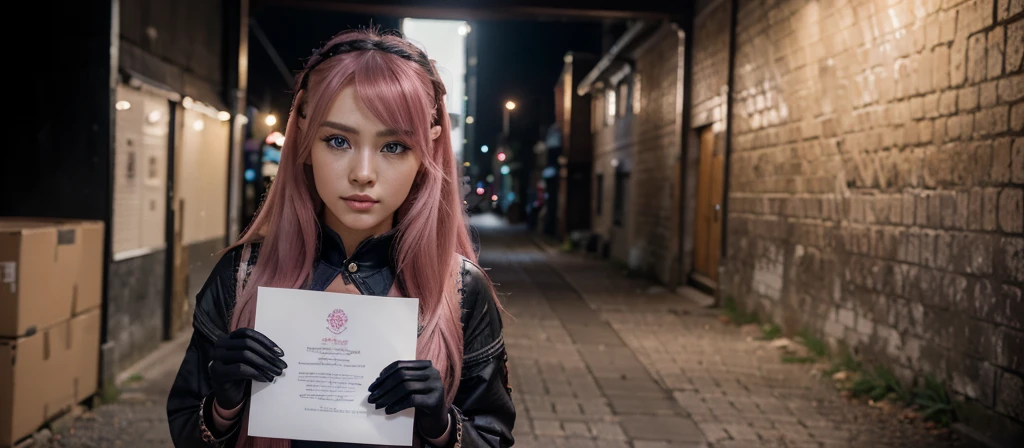 8k, realistic, ultra quality, beatiful girl, Stern anime girl, asian, no background, (Highest Quality, Amazing Details:1.25), cinematic lighting, unique, whole body in picture, black gloves, high-quality, very long hair, hair intakes, makeup, lipstick, eyelashes, ultra detailed eyes, ultra detailed face, ultra detailed lips, ultra detailed lipstick, ultra detailed makeup, 18 years girl, blue eyes, pink hair, masterpiece, 8k, holding a paper written "Pookkook", landscape dimension,