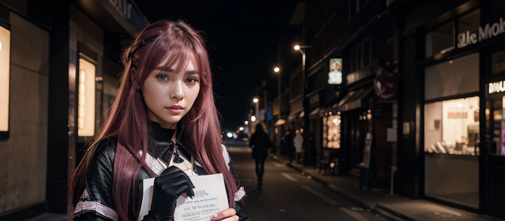 8k, realistic, ultra quality, beatiful girl, Stern anime girl, asian, no background, (Highest Quality, Amazing Details:1.25), cinematic lighting, unique, whole body in picture, black gloves, high-quality, very long hair, hair intakes, makeup, lipstick, eyelashes, ultra detailed eyes, ultra detailed face, ultra detailed lips, ultra detailed lipstick, ultra detailed makeup, 18 years girl, blue eyes, pink hair, masterpiece, 8k, holding a paper written "Pookkook", landscape dimension,
