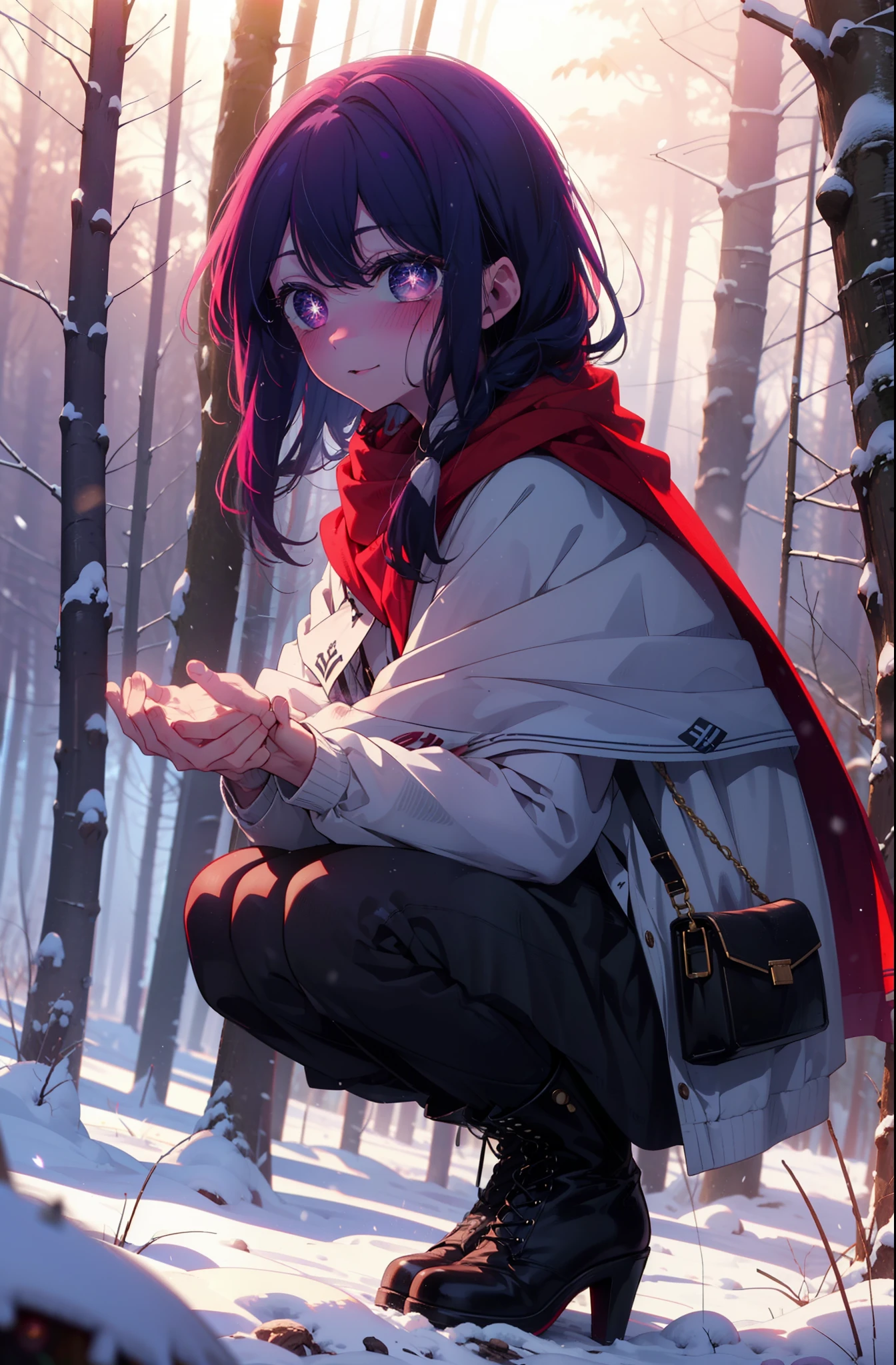 aihoshino, Ai Hoshino, Long Hair, bangs, (Purple eyes:1.1), Purple Hair, (Symbol-shaped pupil:1.5), smile,,smile,blush,White Breath,
Open your mouth,snow,Ground bonfire, Outdoor, boots, snowing, From the side, wood, suitcase, Cape, Blurred, , forest, White handbag, nature,  Squat, Mouth closed, Cape, winter, Written boundary depth, Black shoes, red Cape break looking at viewer, Upper Body, whole body, break Outdoor, forest, nature, break (masterpiece:1.2), Highest quality, High resolution, unity 8k wallpaper, (shape:0.8), (Beautiful and beautiful eyes:1.6), Highly detailed face, Perfect lighting, Highly detailed CG, (Perfect hands, Perfect Anatomy),