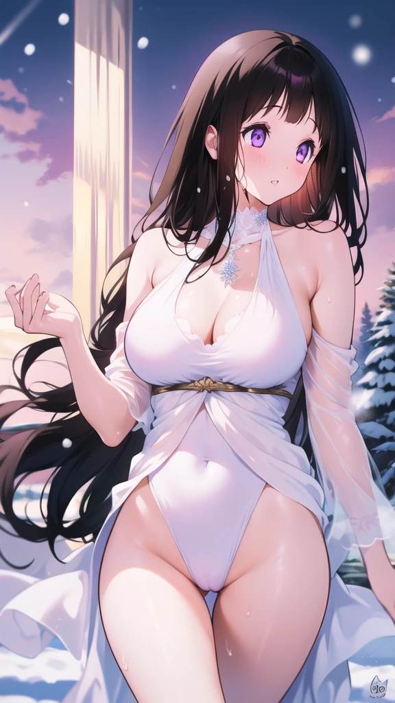 Chitanda,只有一个beautiful girl,Purple Eyes, Black Hair, Natural straight hair, Straight bangs,Extremely refined,open your lips,Face is so red,Very white skin,Skin as delicate as porcelain,Glowing skin,big eyes,Flowing long hair,beautiful girl, Like a dream,Slim,Slim waist,Soft, (Sensual), (Kawaii), Dream quality,Sweaty and sweaty,Wet skin,Side ,snowflake,Playing in the snow on the snow mountain,White transparent dress,Profile,(Completely naked),al groove,The outline of the breasts is vthrough clothing,Completely naked的背部,nacked hip close,Deep V neckline,Loose neckline,Beautiful big breasts,No pants,nop,Bare shoulders,There are no shoulder straps,Exposed collarbone,Delicate clavicle,Delicate hands and feet,Bare neck,There are no clothes around the neck,Bare thighs,Exposed groin,Camel toe,extremely shy,Ultra-high n, (masterpiece:1.2, best quality), (Delicate and beautiful eyes: 1.2), (Beautiful and delicate face)