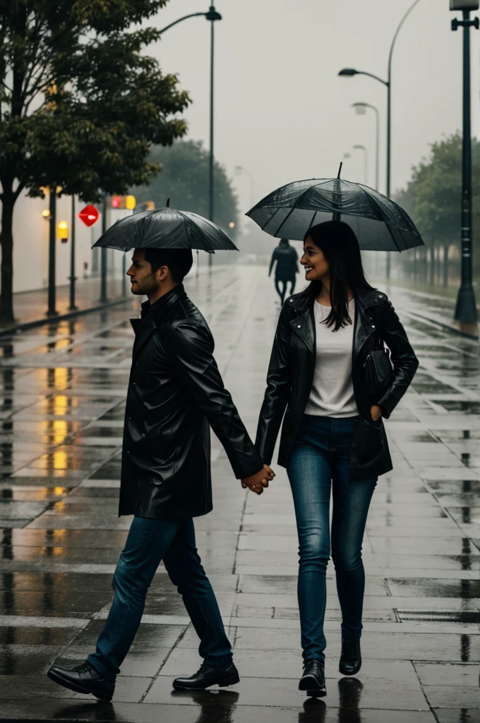 Couple in love walks in the rain