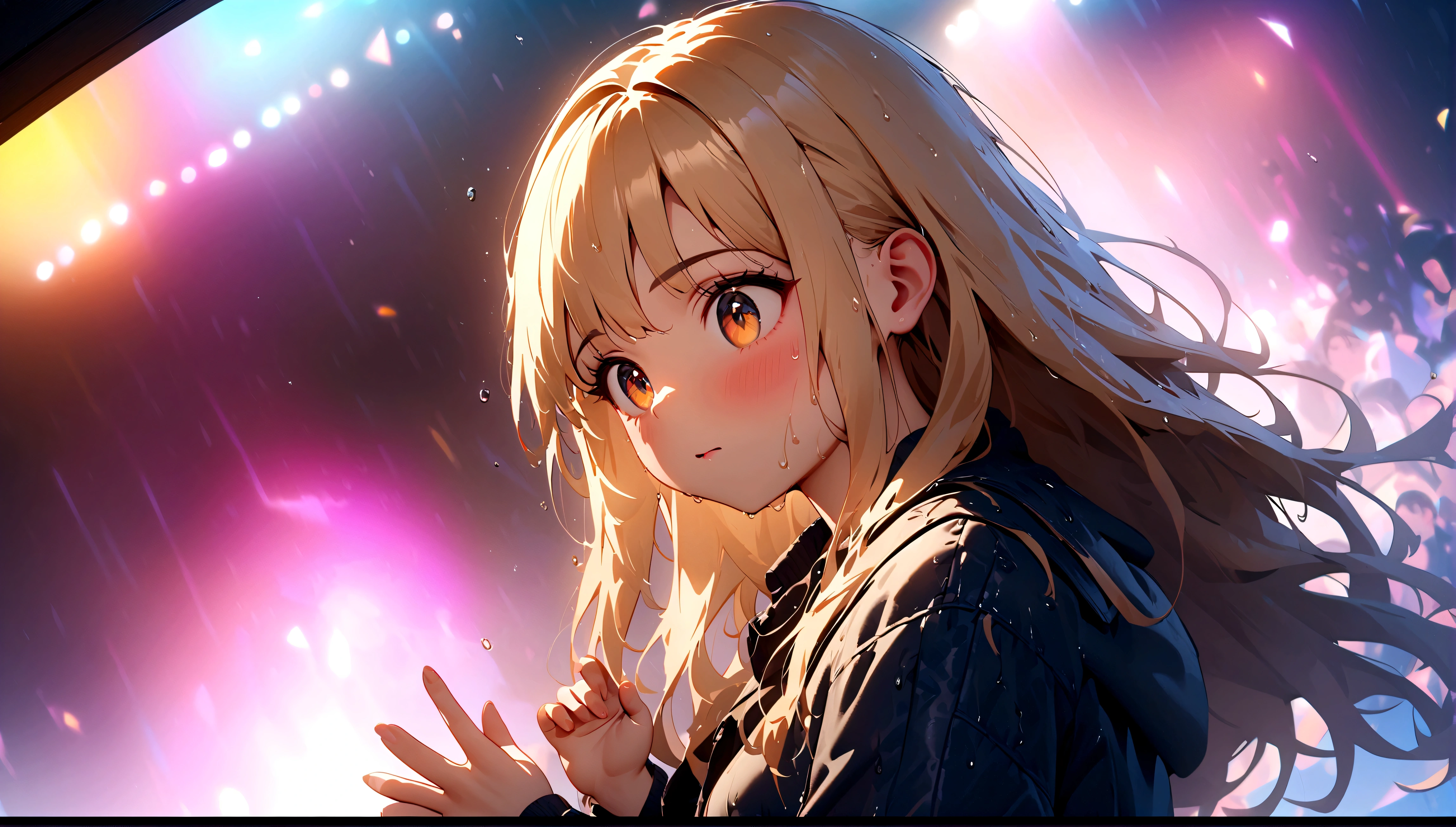 quality\(8k,wallpaper of extremely detailed CG unit, ​masterpiece,hight resolution,top-quality,top-quality real texture skin,hyper realisitic,increase the resolution,RAW photos,best qualtiy,highly detailed,the wallpaper,cinematic lighting,ray trace,golden ratio\), BREAK ,1girl\(young,long hair, blonde, brest, street fashion, hat, wet, wiping water\) is dancing breaking, heavy rain, spectators all around,street,at night,motion blur,dynamic pose,dynamic angle
