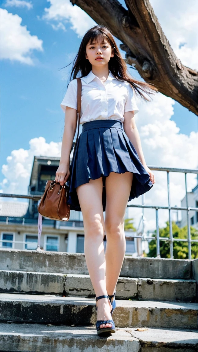 ((Viewing angle from below、Highest quality、masterpiece、32k、Every detail))、Descend the outdoor stairs、commute、Systemic manifestations、Traditional navy blue sailor uniform、White blouse、Pleated skirt、(((A strong wind blows my hair and skirt away:1.62)))、((I always carry the shoulder strap of my bag across my body..:1.22))、One Girl, alone、(((mini skirt, No underwear:1.22)))、、barefoot, High heels