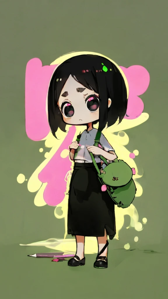 A girl, short black hair, dark eyes, wearing white shirt, a long green pencil skirt, a pink backpack, clear forehead, small, chibi, big eyes, cute