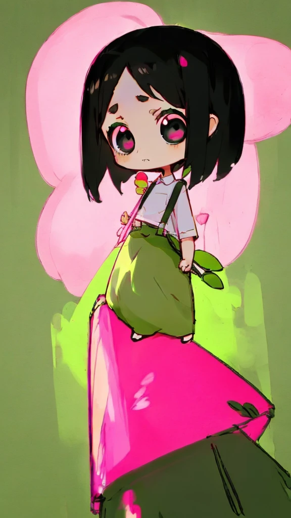 A girl, short black hair, dark eyes, wearing white shirt, a long green pencil skirt, a pink backpack, clear forehead, small, chibi, big eyes, cute