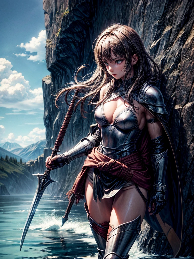 1 girl on the water, bikini armor, shoulder armor, leather gloves, leather boots, holding a spear Axe, mountains in the background, clouds, an old torn cloth tied around the waist, hand on the waist, old and torn cape, image in action manga style, comic style drawing, defined muscular body, sensual pose, medieval fantasy style art,  thigh bandages, 
medium breasts, cleavage