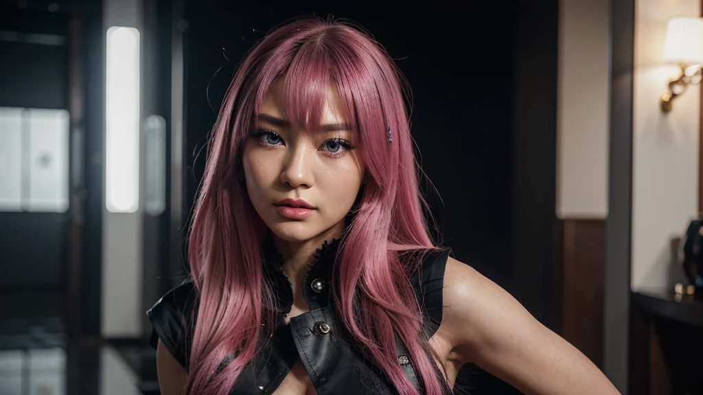 8k, realistic, ultra quality, beatiful asian girl, Stern anime girl, (Highest Quality, Amazing Details:1.25), cinematic lighting, unique, whole body in picture, black gloves, high-quality, very long hair, hair intakes, makeup, lipstick, eyelashes, ultra detailed eyes, ultra detailed face, ultra detailed lips, ultra detailed lipstick, ultra detailed makeup, 18 years girl, blue eyes, pink hair, masterpiece, 8k,